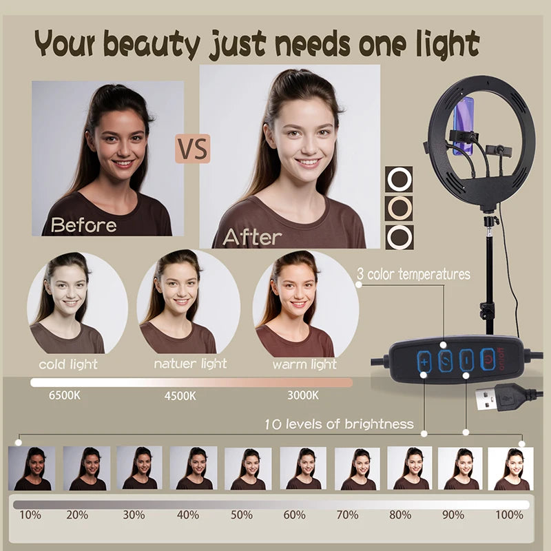 6-14" Ringlicht mit 10 Dimmstufen, 22 Modi, professionelles Fülllicht, 3CCT/RGB mit Stativ und Handy-/iPad-Halter für Live-Streaming