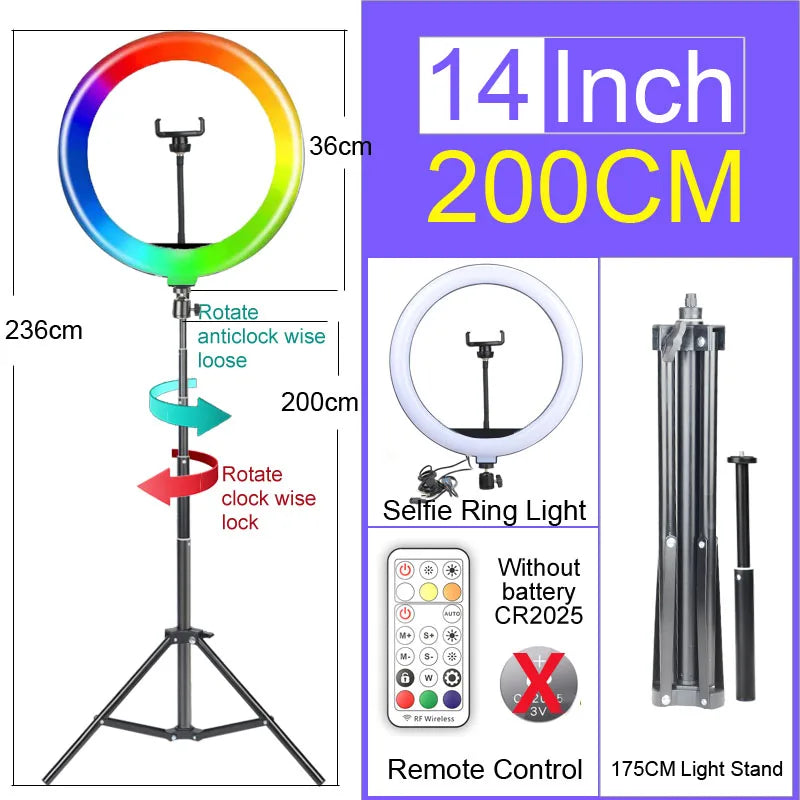 6-14" Ringlicht mit 10 Dimmstufen, 22 Modi, professionelles Fülllicht, 3CCT/RGB mit Stativ und Handy-/iPad-Halter für Live-Streaming